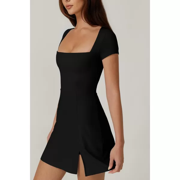 QINSEN Womens Square Neck Tennis Dress Short Sleeve Built in Shorts Golf Athletic Dress with Pockets