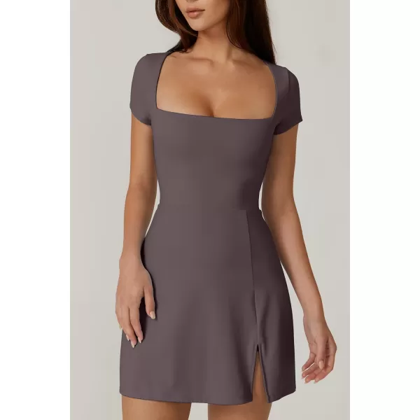 QINSEN Womens Square Neck Tennis Dress Short Sleeve Built in Shorts Golf Athletic Dress with Pockets