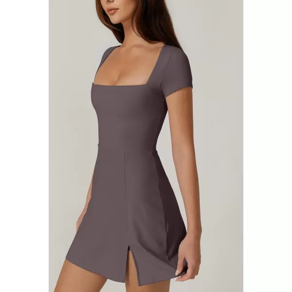 QINSEN Womens Square Neck Tennis Dress Short Sleeve Built in Shorts Golf Athletic Dress with Pockets