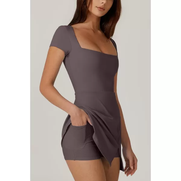 QINSEN Womens Square Neck Tennis Dress Short Sleeve Built in Shorts Golf Athletic Dress with Pockets