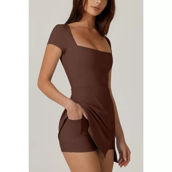 QINSEN Womens Square Neck Tennis Dress Short Sleeve Built in Shorts Golf Athletic Dress with Pockets