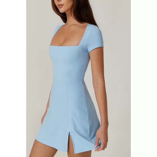 QINSEN Womens Square Neck Tennis Dress Short Sleeve Built in Shorts Golf Athletic Dress with Pockets