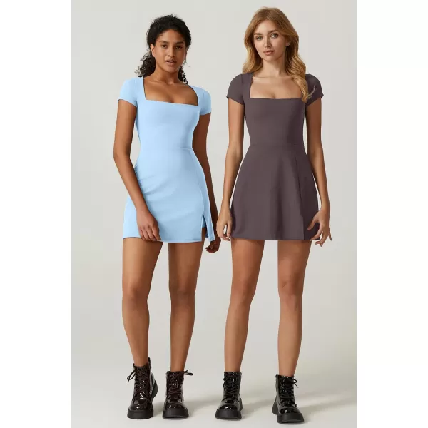 QINSEN Womens Square Neck Tennis Dress Short Sleeve Built in Shorts Golf Athletic Dress with Pockets