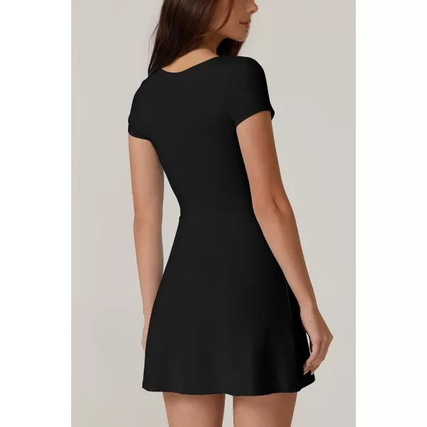 QINSEN Womens Square Neck Tennis Dress Short Sleeve Built in Shorts Golf Athletic Dress with Pockets
