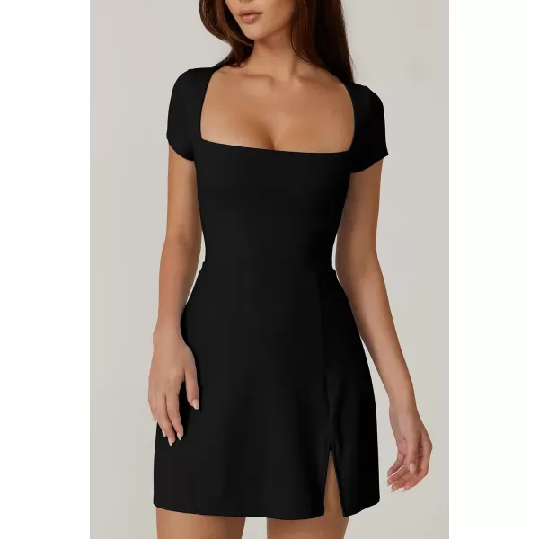 QINSEN Womens Square Neck Tennis Dress Short Sleeve Built in Shorts Golf Athletic Dress with Pockets