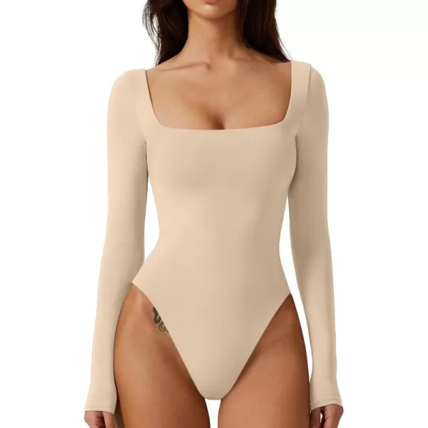 QINSEN Bodysuit Tops for Women Square Neck Long Sleeve Double Lined T-shirt