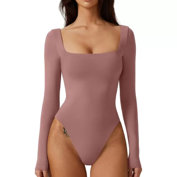 QINSEN Bodysuit Tops for Women Square Neck Long Sleeve Double Lined T-shirt
