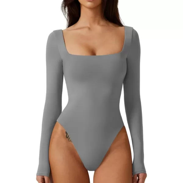 QINSEN Bodysuit Tops for Women Square Neck Long Sleeve Double Lined T-shirt