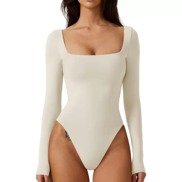 QINSEN Bodysuit Tops for Women Square Neck Long Sleeve Double Lined T-shirt