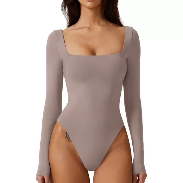 QINSEN Bodysuit Tops for Women Square Neck Long Sleeve Double Lined T-shirt
