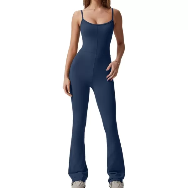 QINSEN Flare Jumpsuits for Women Spaghetti Straps Scoop Neck Bodycon Full Length Casual Unitard Playsuit