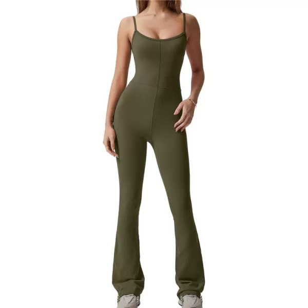 QINSEN Flare Jumpsuits for Women Spaghetti Straps Scoop Neck Bodycon Full Length Casual Unitard Playsuit