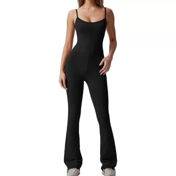 QINSEN Flare Jumpsuits for Women Spaghetti Straps Scoop Neck Bodycon Full Length Casual Unitard Playsuit