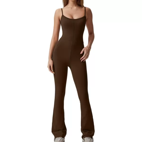 QINSEN Flare Jumpsuits for Women Spaghetti Straps Scoop Neck Bodycon Full Length Casual Unitard Playsuit