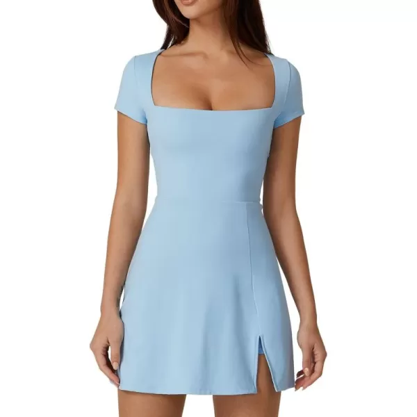 QINSEN Womens Square Neck Tennis Dress Short Sleeve Built in Shorts Golf Athletic Dress with Pockets