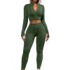 imageQINSEN Long Sleeve Workout Shirt for Women High Funnel Neck Crop Tops Tummy Control Leggings Fitted 2 Pieces SetsY118 Army Green
