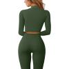 imageQINSEN Long Sleeve Workout Shirt for Women High Funnel Neck Crop Tops Tummy Control Leggings Fitted 2 Pieces SetsY118 Army Green