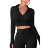 imageQINSEN Long Sleeve Workout Shirt for Women High Funnel Neck Crop Tops Tummy Control Leggings Fitted 2 Pieces SetsY118 Black
