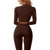imageQINSEN Long Sleeve Workout Shirt for Women High Funnel Neck Crop Tops Tummy Control Leggings Fitted 2 Pieces SetsY118 Coffee