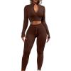 imageQINSEN Long Sleeve Workout Shirt for Women High Funnel Neck Crop Tops Tummy Control Leggings Fitted 2 Pieces SetsY118 Coffee
