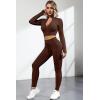 imageQINSEN Long Sleeve Workout Shirt for Women High Funnel Neck Crop Tops Tummy Control Leggings Fitted 2 Pieces SetsY118 Coffee