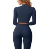 imageQINSEN Long Sleeve Workout Shirt for Women High Funnel Neck Crop Tops Tummy Control Leggings Fitted 2 Pieces SetsY118 Dark Blue
