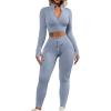 imageQINSEN Long Sleeve Workout Shirt for Women High Funnel Neck Crop Tops Tummy Control Leggings Fitted 2 Pieces SetsY118 Grey