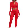 imageQINSEN Long Sleeve Workout Shirt for Women High Funnel Neck Crop Tops Tummy Control Leggings Fitted 2 Pieces SetsY118 Red
