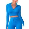 imageQINSEN Long Sleeve Workout Shirt for Women High Funnel Neck Crop Tops Tummy Control Leggings Fitted 2 Pieces SetsY118 Sapphire Blue