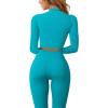 imageQINSEN Long Sleeve Workout Shirt for Women High Funnel Neck Crop Tops Tummy Control Leggings Fitted 2 Pieces SetsY118 Teal