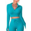 imageQINSEN Long Sleeve Workout Shirt for Women High Funnel Neck Crop Tops Tummy Control Leggings Fitted 2 Pieces SetsY118 Teal
