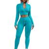imageQINSEN Long Sleeve Workout Shirt for Women High Funnel Neck Crop Tops Tummy Control Leggings Fitted 2 Pieces SetsY118 Teal