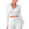 imageQINSEN Long Sleeve Workout Shirt for Women High Funnel Neck Crop Tops Tummy Control Leggings Fitted 2 Pieces SetsY118 White