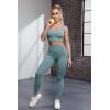 imageQINSEN Ribbed Workout Outfits for Women 2 Piece Seamless Sport Bra High Waist Yoga Leggings SetsBlue