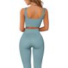 imageQINSEN Ribbed Workout Outfits for Women 2 Piece Seamless Sport Bra High Waist Yoga Leggings SetsBlue