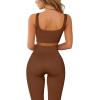 imageQINSEN Ribbed Workout Outfits for Women 2 Piece Seamless Sport Bra High Waist Yoga Leggings SetsBrown