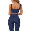imageQINSEN Ribbed Workout Outfits for Women 2 Piece Seamless Sport Bra High Waist Yoga Leggings SetsNavy