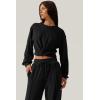 imageQINSEN Women 2 Piece Outfits Sweatsuit Set Twist Front Cropped Sweatshirt Wide Leg Sweatpant Lounge Set TracksuitBlack