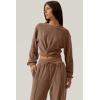 imageQINSEN Women 2 Piece Outfits Sweatsuit Set Twist Front Cropped Sweatshirt Wide Leg Sweatpant Lounge Set TracksuitCaramel