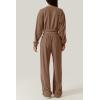 imageQINSEN Women 2 Piece Outfits Sweatsuit Set Twist Front Cropped Sweatshirt Wide Leg Sweatpant Lounge Set TracksuitCaramel
