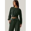 imageQINSEN Women 2 Piece Outfits Sweatsuit Set Twist Front Cropped Sweatshirt Wide Leg Sweatpant Lounge Set TracksuitForest Green