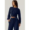 imageQINSEN Women 2 Piece Outfits Sweatsuit Set Twist Front Cropped Sweatshirt Wide Leg Sweatpant Lounge Set TracksuitNavy Blue
