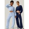 imageQINSEN Women 2 Piece Outfits Sweatsuit Set Twist Front Cropped Sweatshirt Wide Leg Sweatpant Lounge Set TracksuitNavy Blue