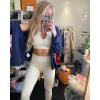 imageQINSEN Womens Yoga Leggings 2 Piece Outfits Running Crop Top Seamless High Waist Leggings Beige M
