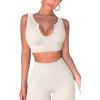 imageQINSEN Womens Yoga Leggings 2 Piece Outfits Running Crop Top Seamless High Waist Leggings Beige M
