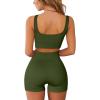 imageQINSEN Workout Sets for Women 2 Piece Seamless Ribbed Crop Tank High Waist Shorts Yoga OutfitsArmy Green