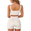 imageQINSEN Workout Sets for Women 2 Piece Seamless Ribbed Crop Tank High Waist Shorts Yoga OutfitsBeige