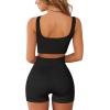 imageQINSEN Workout Sets for Women 2 Piece Seamless Ribbed Crop Tank High Waist Shorts Yoga OutfitsBlack