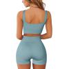 imageQINSEN Workout Sets for Women 2 Piece Seamless Ribbed Crop Tank High Waist Shorts Yoga OutfitsBlue