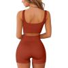 imageQINSEN Workout Sets for Women 2 Piece Seamless Ribbed Crop Tank High Waist Shorts Yoga OutfitsBrick Red